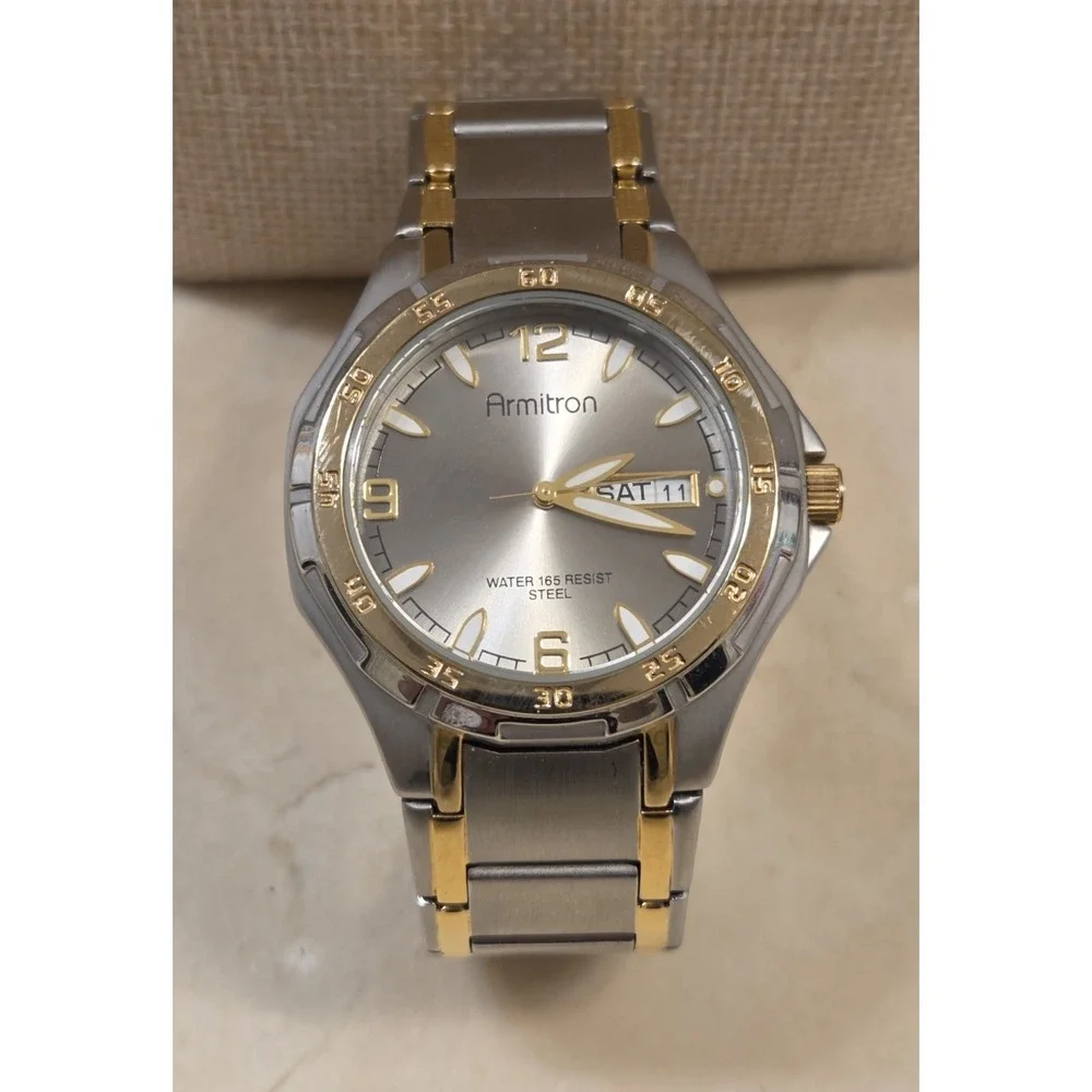Armitron Day Date Spanish Water Resistant Chrono Stainless Two Tone Watch Quartz